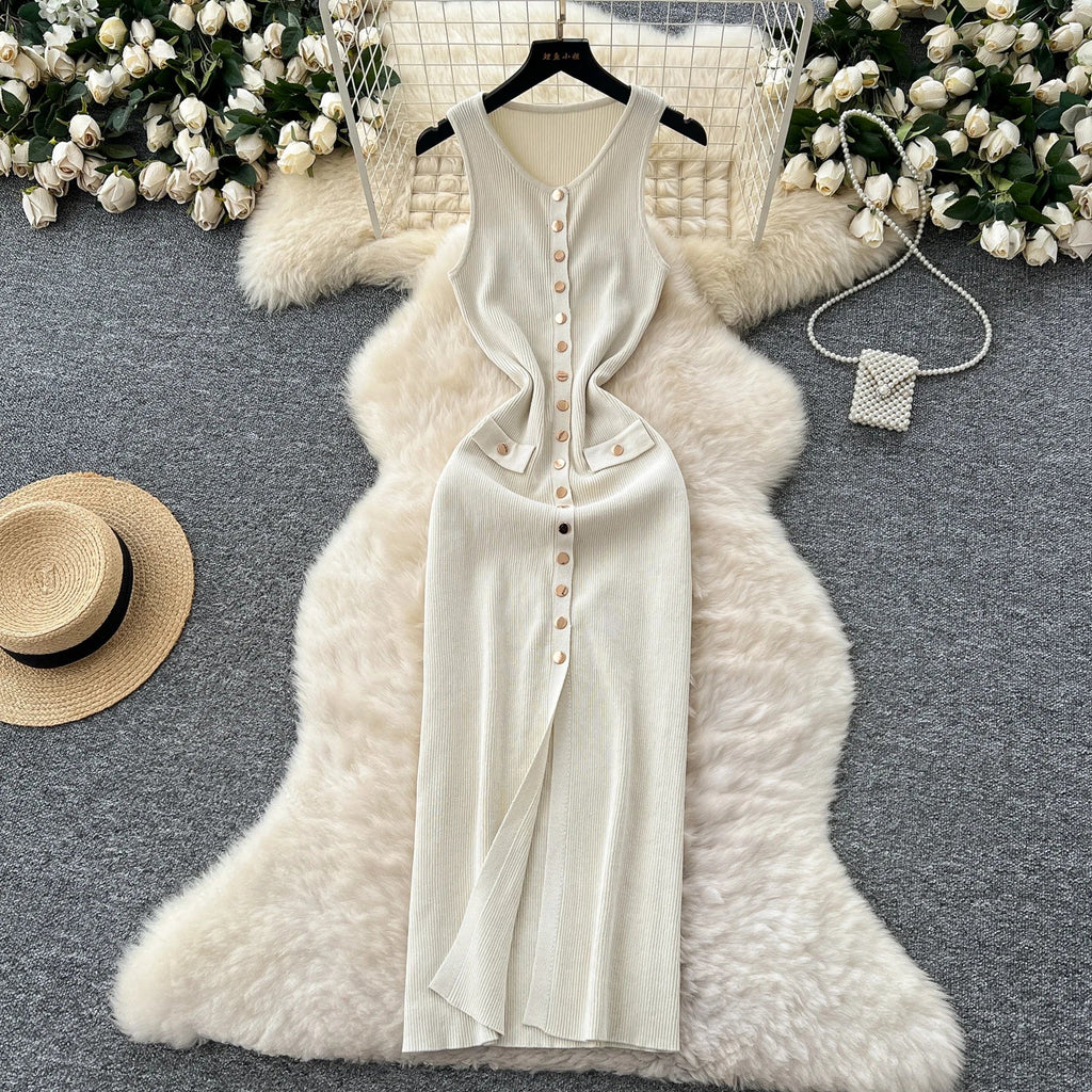 Elegant Solid Knitted O Neck Sleeveless Midi Dress Buttons