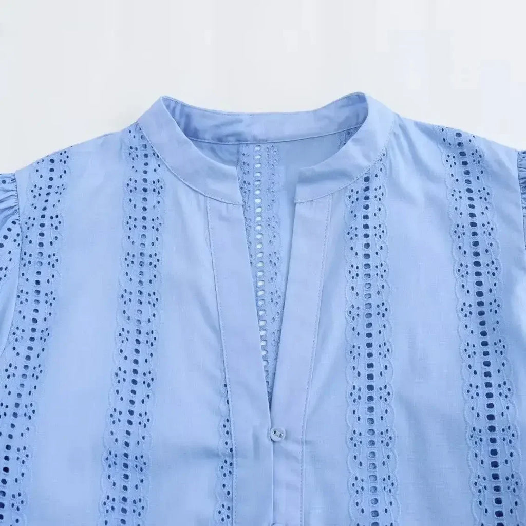 Loose Lace-Up White Shirt for Women Elegant Hollow Out Embroidered Puff Sleeve Cropped Top