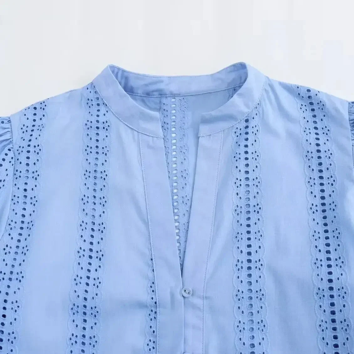 Loose Lace-Up White Shirt for Women Elegant Hollow Out Embroidered Puff Sleeve Cropped Top