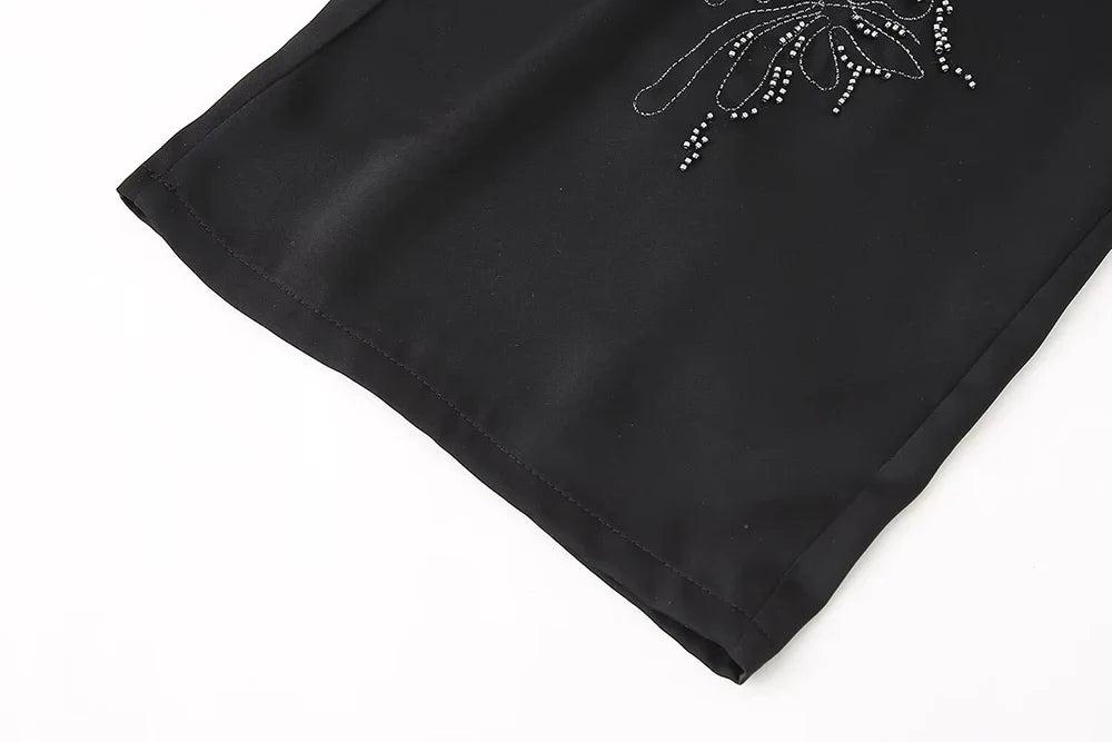 Women's Beaded Embroidery Long Sleeve Shirt and Loose Trousers Set with Lace Up Details