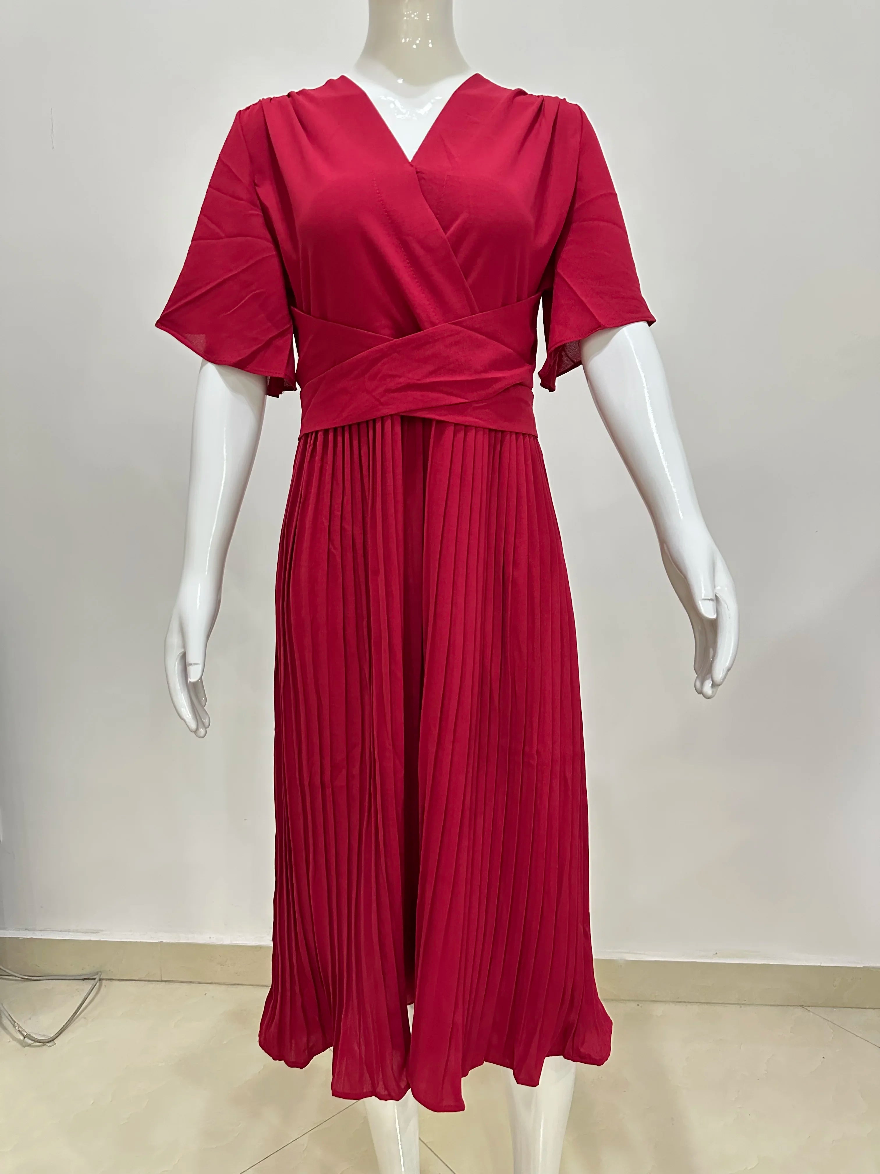 Summer V-Neck Pleated Dress With Lace Up Waist Long Skirt