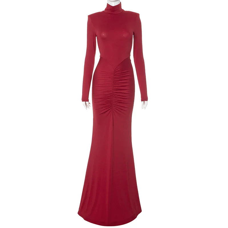High Collar Pleated Fishtail Dress With Shoulder Pads