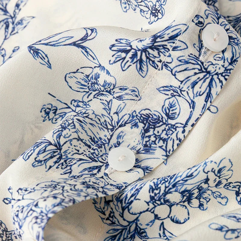 Women 100 Percent Mulberry Crepe Silk Shirt White Floral Button Down Long Sleeve Blouse Elegant Office Top M L XL