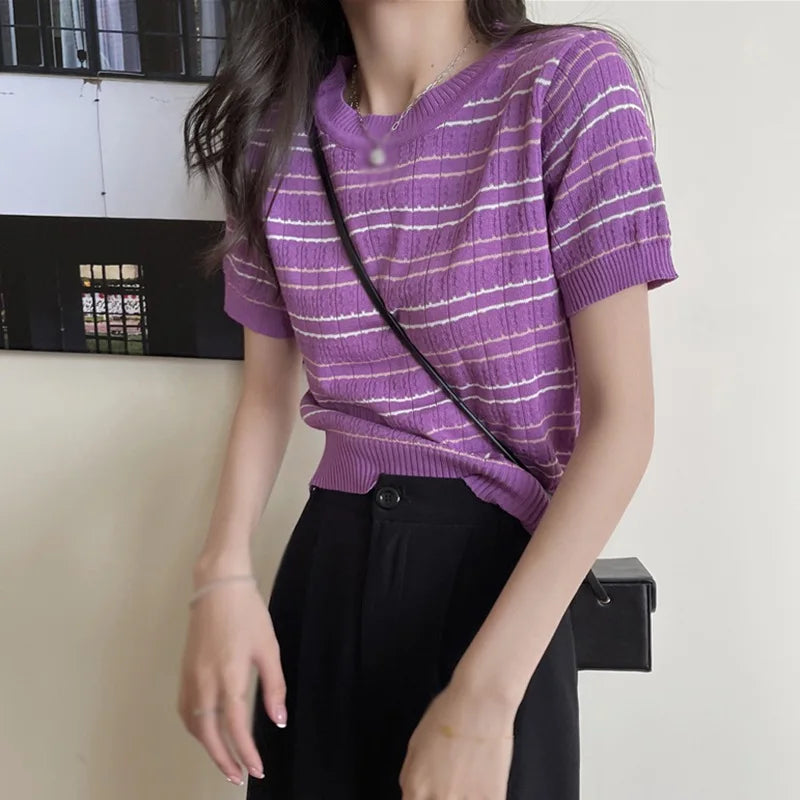Summer Striped Women's Knitted Crop Top Casual O-Neck Short Sleeve T-Shirt Preppy Style Tees
