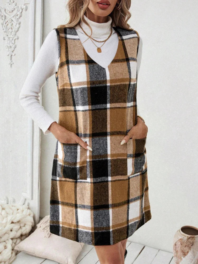 Autumn Plaid Sleeveless Dress For Women Mini Skirt Style