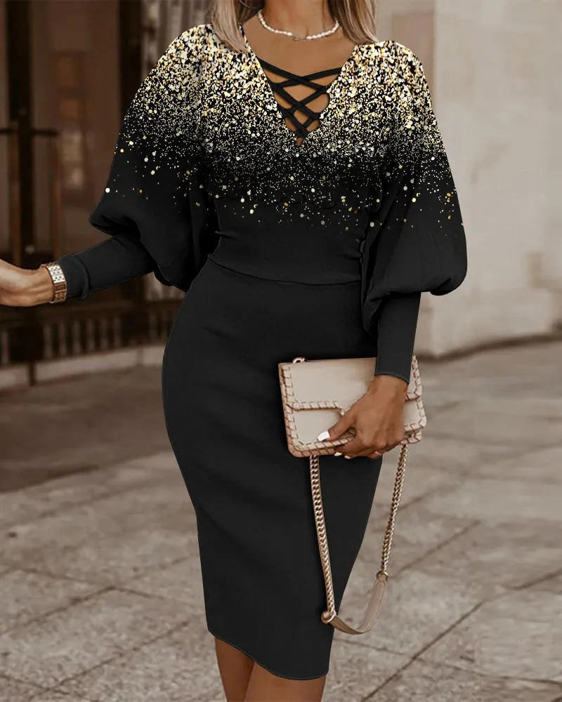 Elegant Color Block Bodycon Dress With V Neck Midi