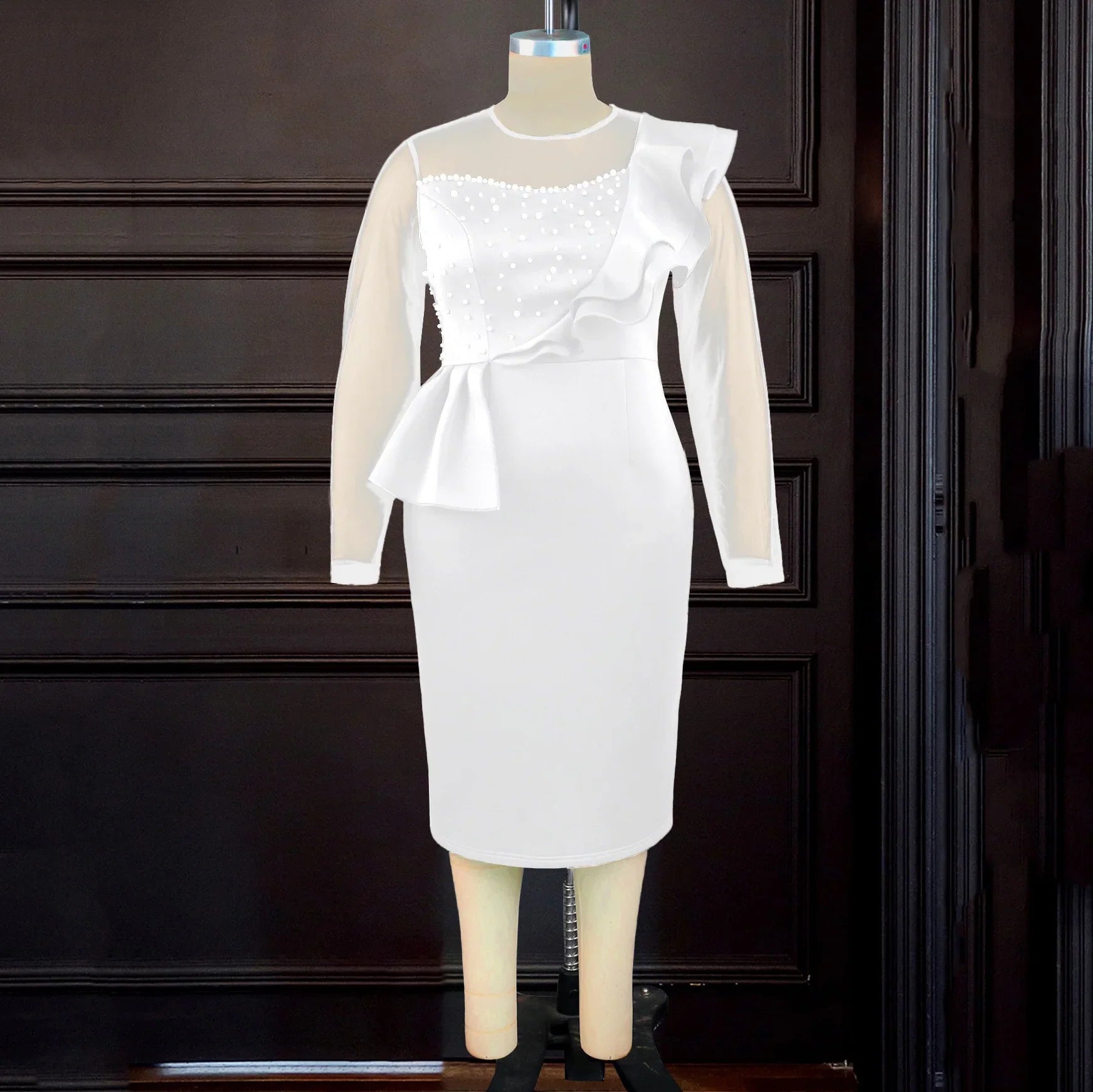 Elegant Beaded O Neck Sheath Dress With Ruffles Mid Calf