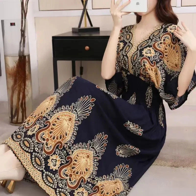 Chic Womens V Neck Vintage Boho Print A Line Dress Style