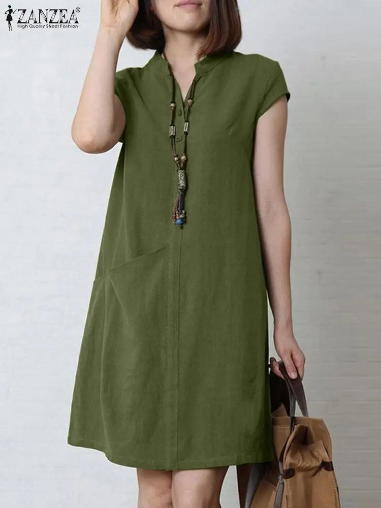 Cotton Summer Dress V Neck Short Sleeve Knee Length