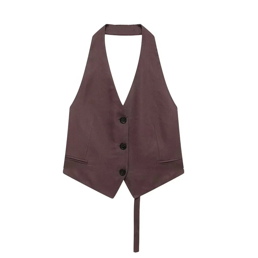 Vintage Chic Women's Suit Set with Solid Halter Vest and Straight Button Loose Pants for Office and Casual Wear