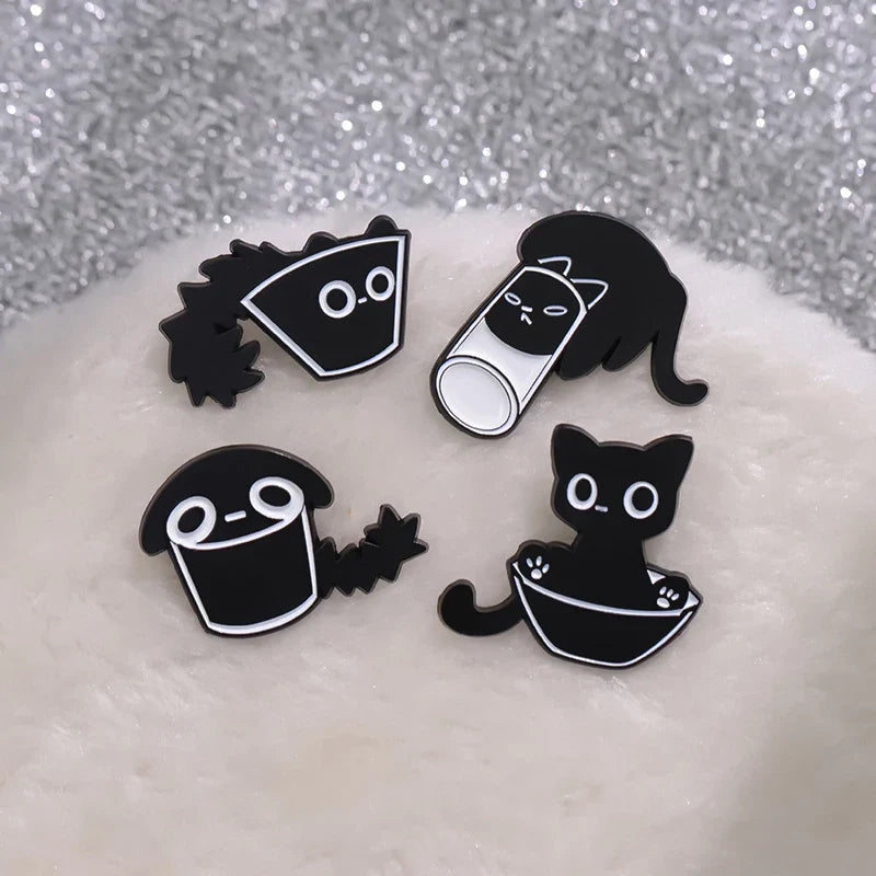 Cute Cat Enamel Pins Set of 4 to 6 Black Fluid Cat Brooches Lapel Badges Unique Animal Jewelry Gift