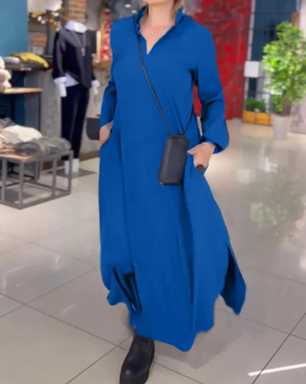 Casual Loose Fit V-Neck Long Sleeve Solid Color Dress