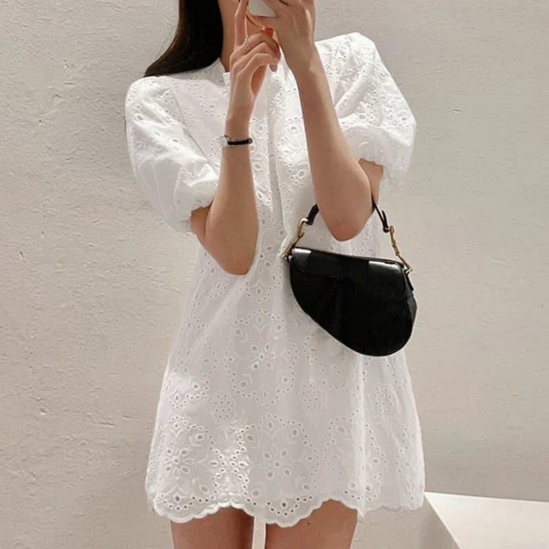Cotton Sundress With Puff Sleeve Mini For Women Round Neck