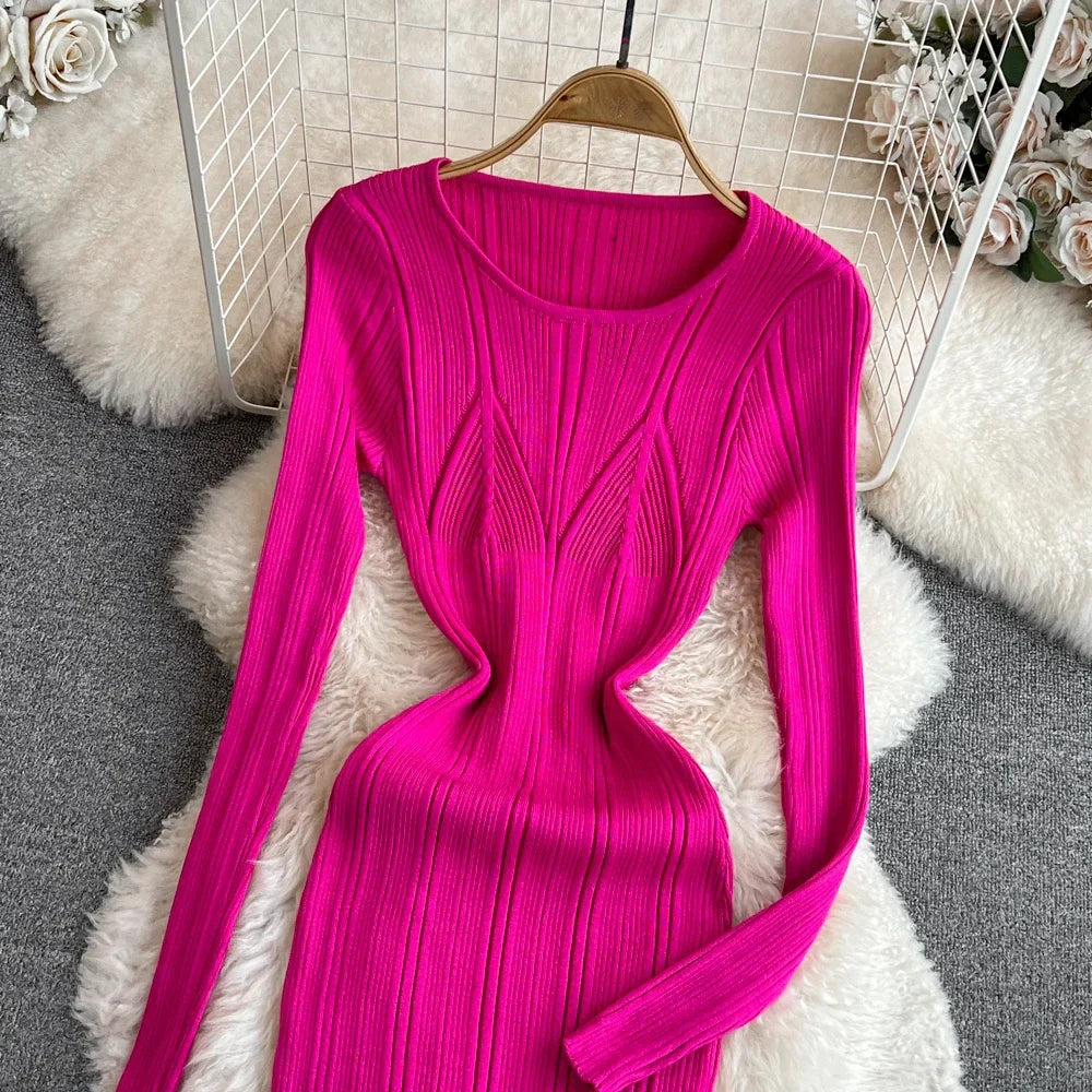 Long Sleeve Knitted Bodycon Dress For Women Autumn Retro