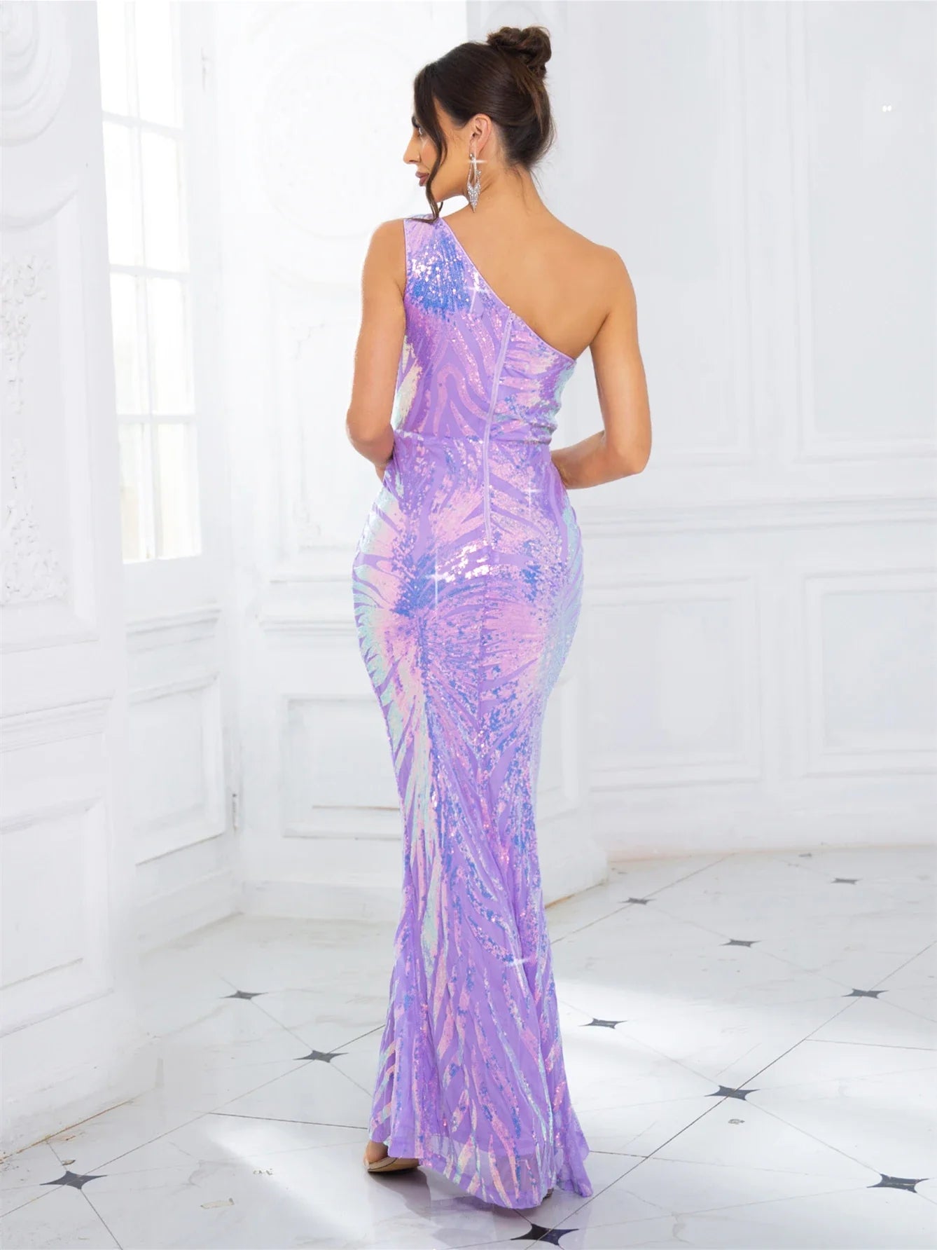 One Shoulder Sequined Maxi Dress For Party Evening Gown