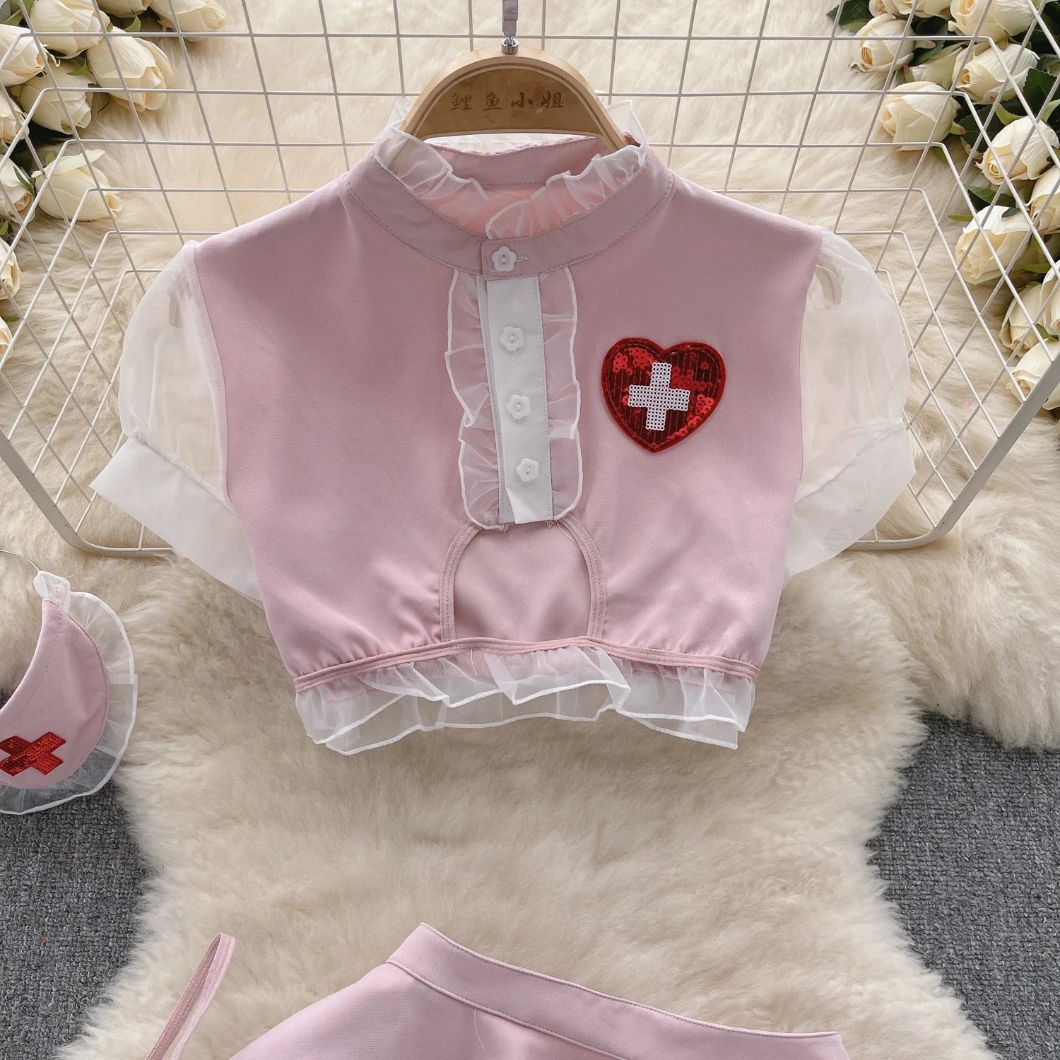 Sexy Nurse Cosplay Uniform Two-Piece Set with High Waisted Ruffled Skirt and Bubble Sleeve Short Top Cute and Flirty Costume