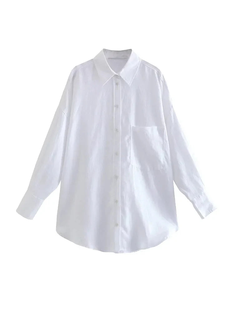 Women's Oversized Vintage Long Sleeve Button-Up Shirt with Pocket Chic Blouse Top