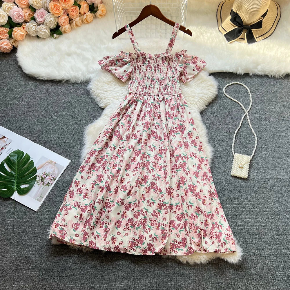 Floral Print Off Shoulder Summer Beach Dress For Women
