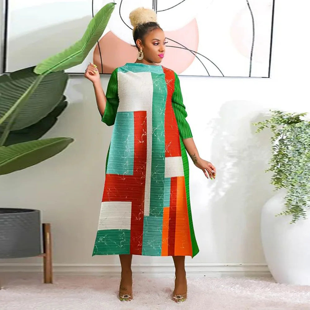 Leaf Print Pleated Boho Maxi Dress for Women Casual Beach