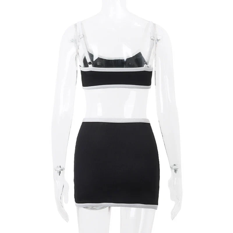 Casual Sporty Women Two Piece Set High Streetwear Patchwork Slip Tank Top with Skinny Elastic Mini Skirt