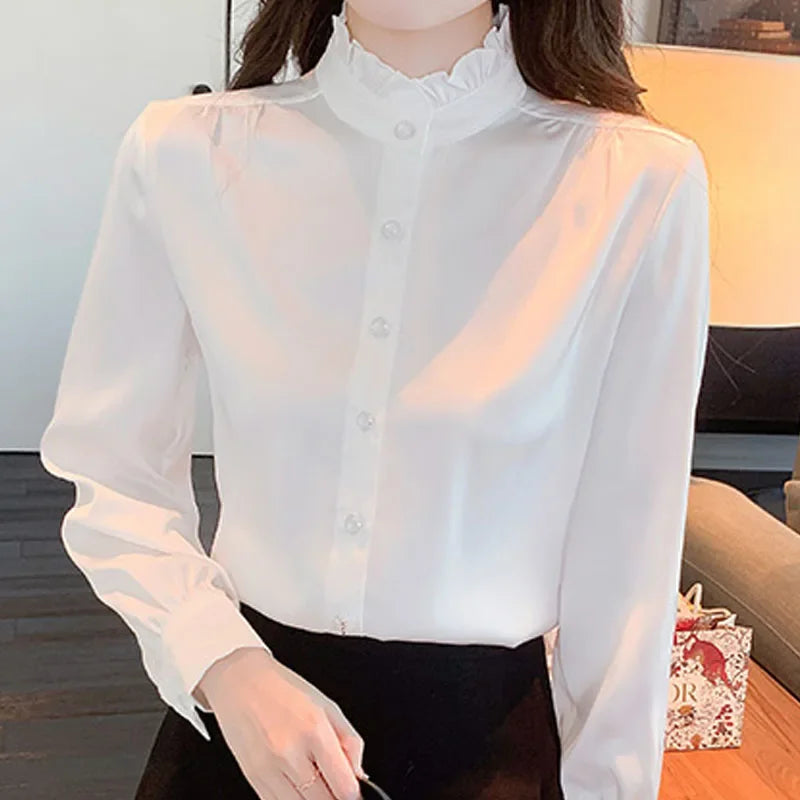 Women's Elegant Long Sleeve Chiffon Blouse with Stand Collar Lightweight White Shirt Top