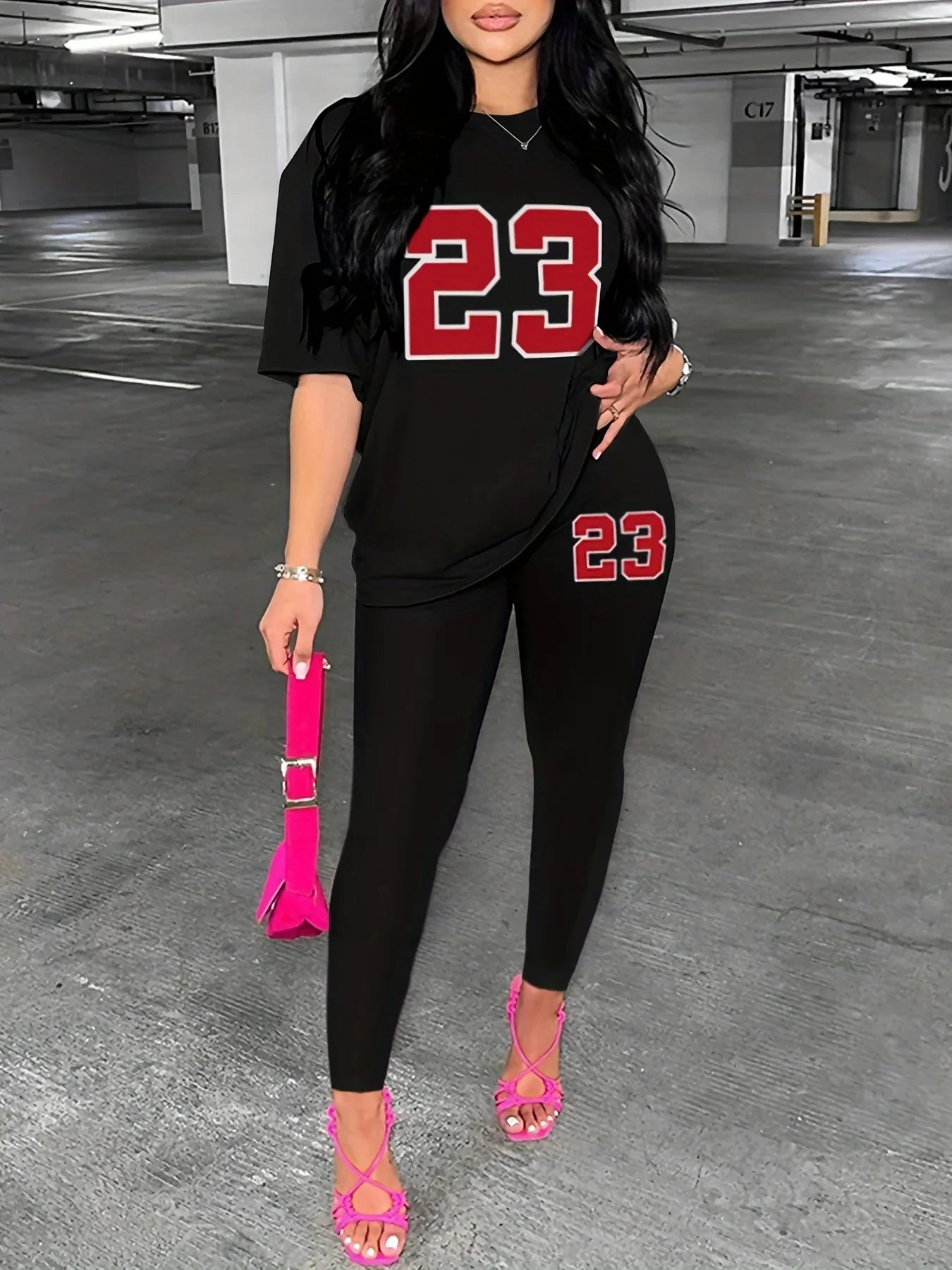 Women's Casual Loose Fit T-Shirt and Tight Bottomed Pants Two-Piece Set