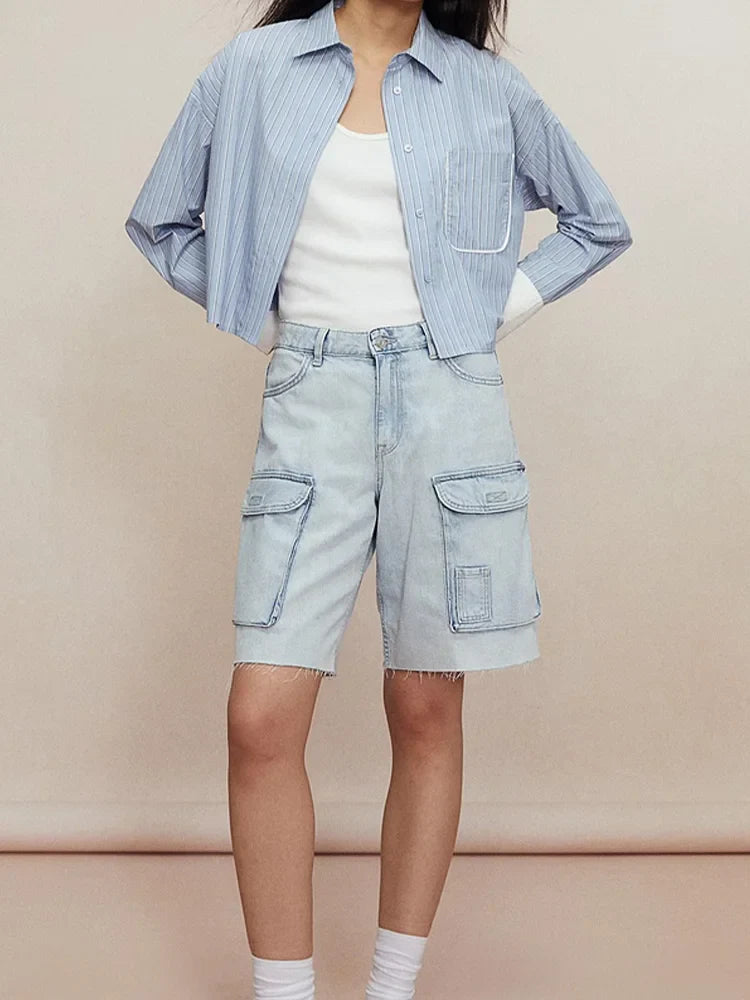 Women's Casual Striped Long Sleeve Short Shirt Simple Versatile Fashion Top