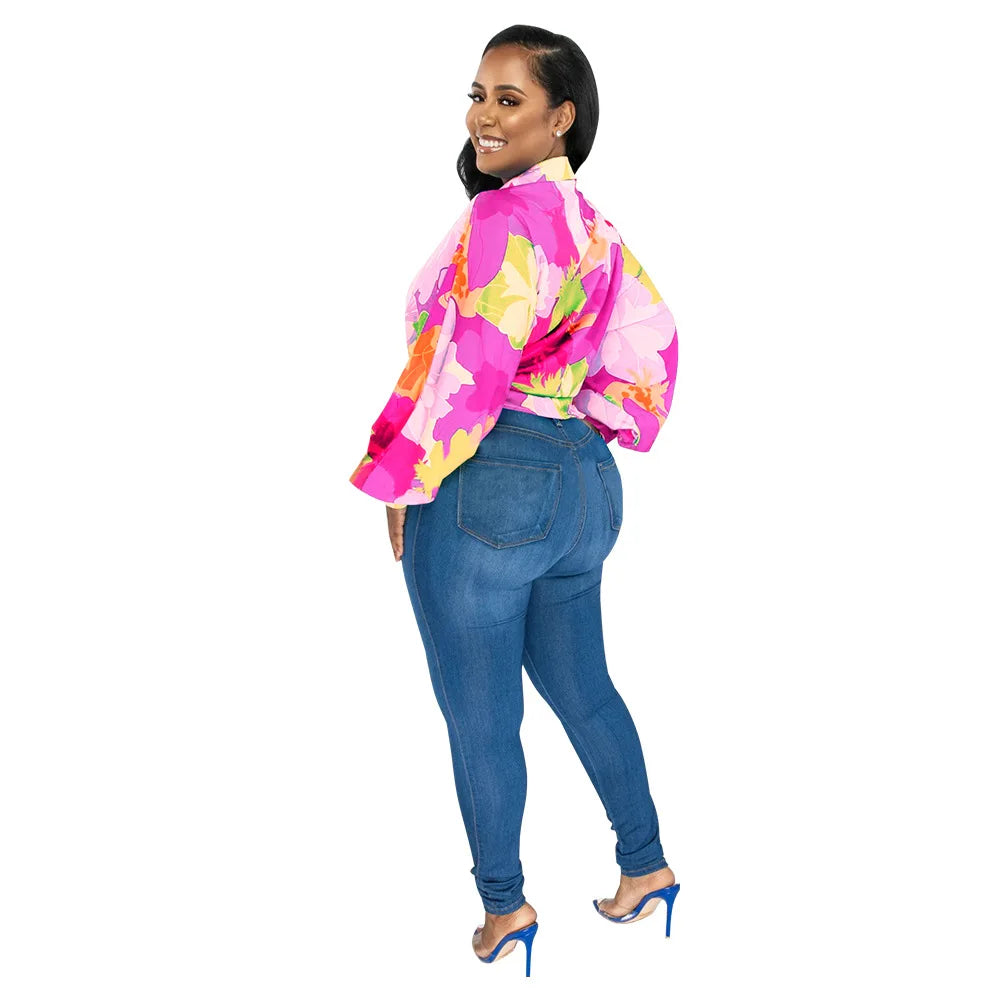 Women's Printed V-Neck Ramie Shirt Loose Bat-Sleeve Summer Top with Belly Cover Age-Reducing Design