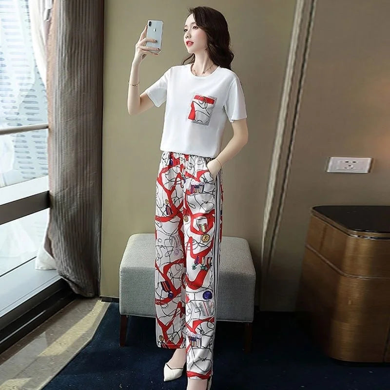 Women's Plus Size Two Piece Suit Set with Short Sleeve Tops and Wide Leg Pants for Casual Summer Fashion