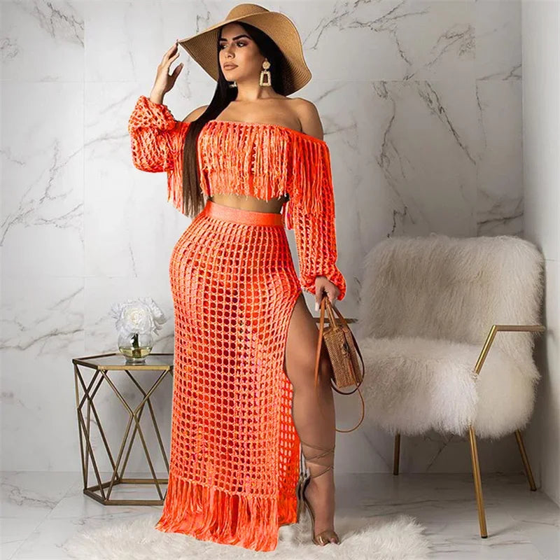 Fringed Tassel Two Piece Women's Beachwear Set Crochet Hollow Out See Through Crop Top and Long Skirt Vacation Outfit