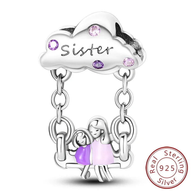 925 Sterling Silver Love Heart Family Charm Bead Pendant for Women's Bracelet Jewelry Gift