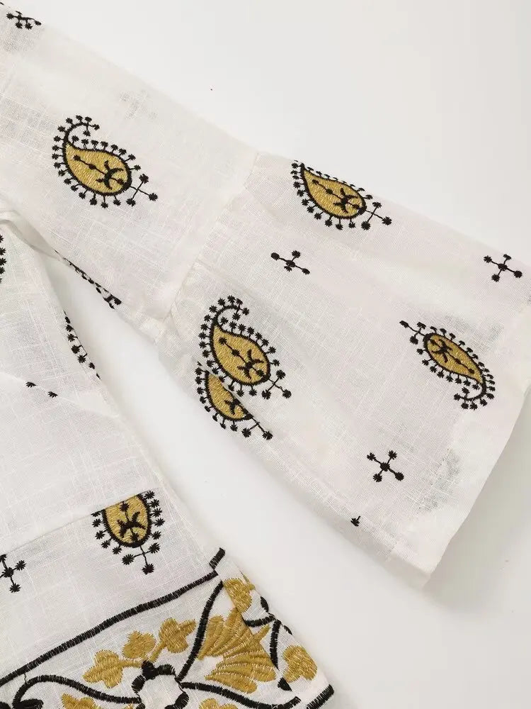 Vintage Women Embroidered Cardigan Coat and Wide Leg Trousers 2 Piece Outfit Set