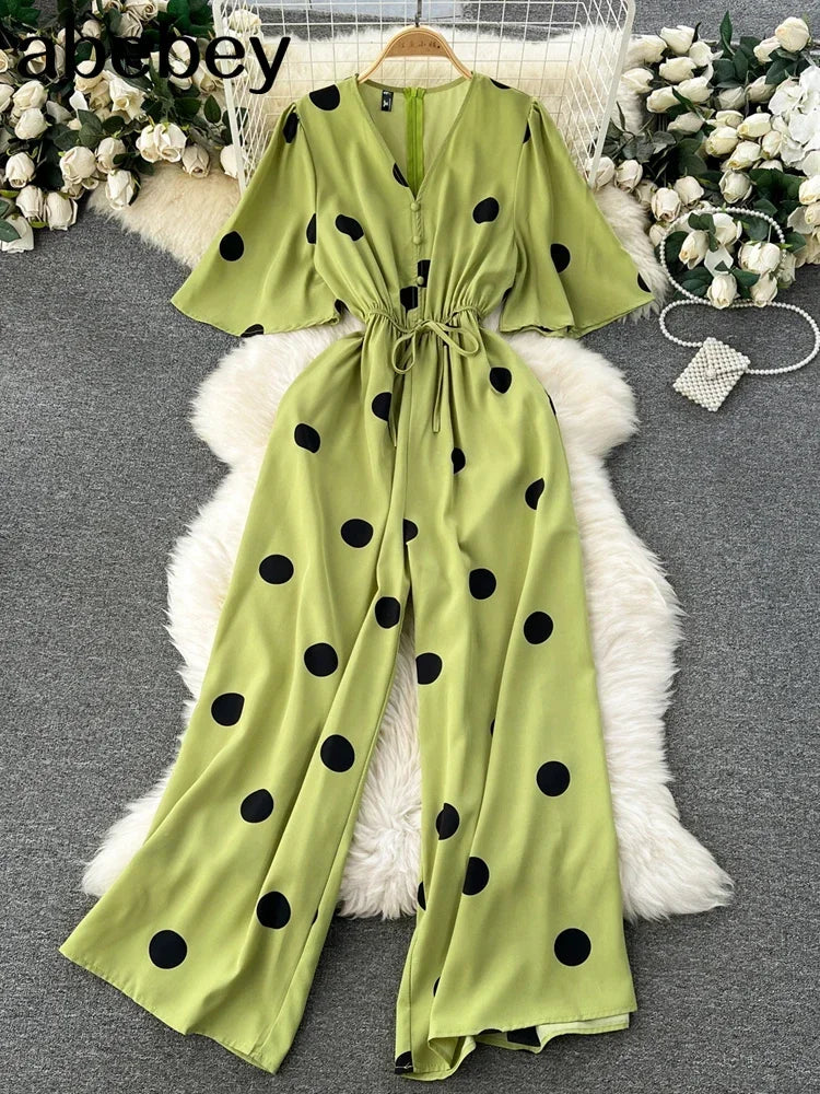 Women Wide Leg Polka Dot Jumpsuit with V Neck Dolman Sleeves and Slim Waist Design