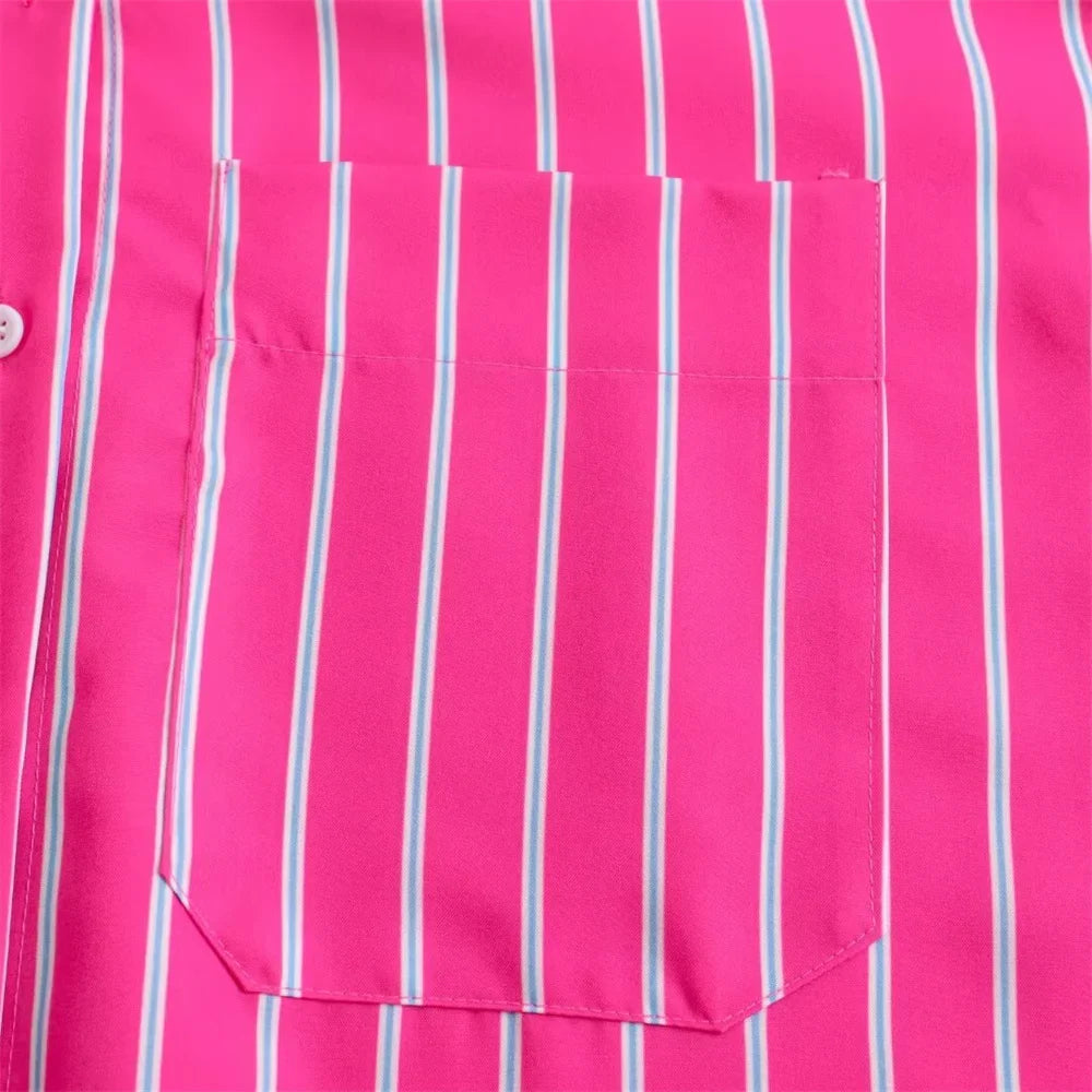 Women's Casual Loose Stripe Shirt with Versatile Patch Bag Decoration Stylish Simple Fashion Top for Everyday Wear