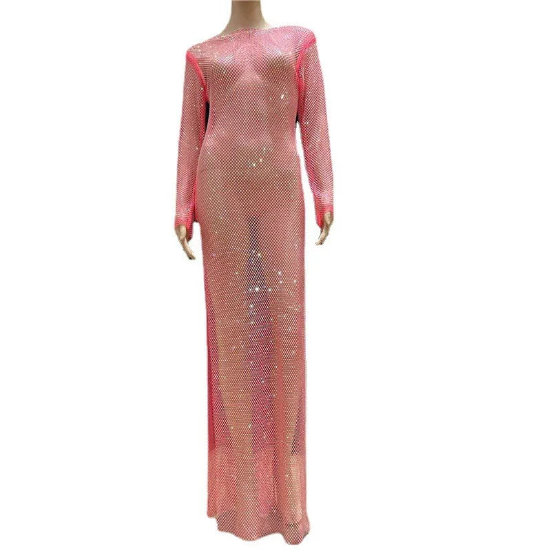 Rhinestone See Through Club Dress With Fishnet Details
