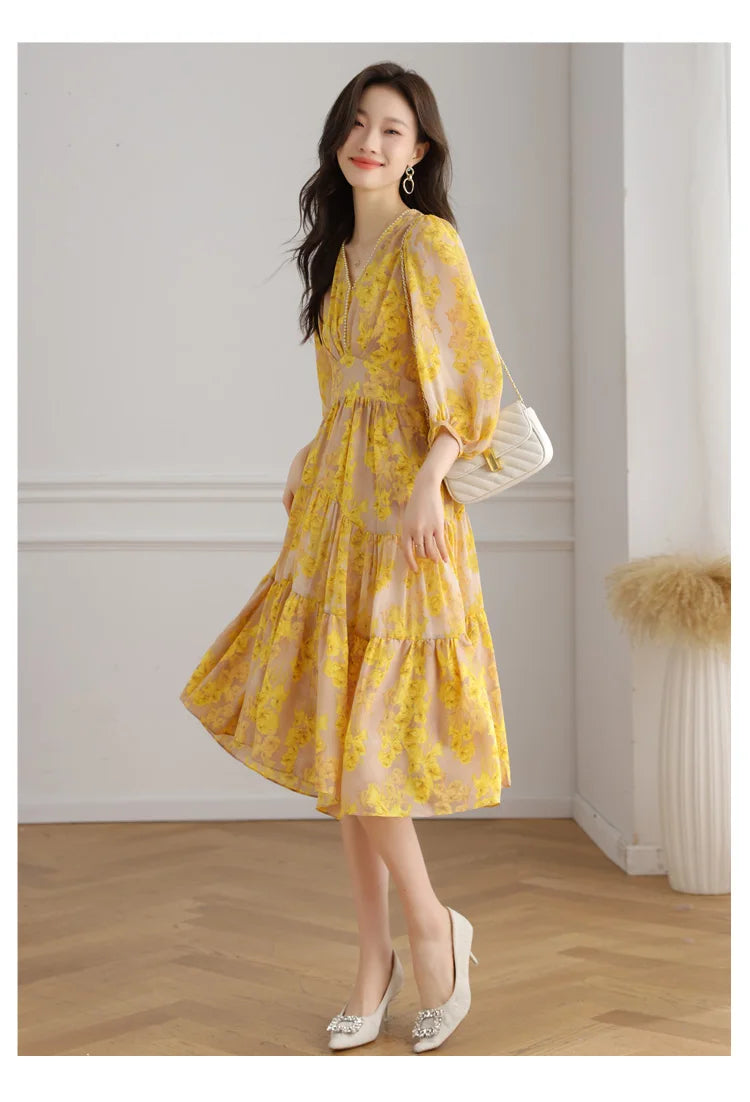 Floral Chiffon Dress For Women V Neck A Line Dress