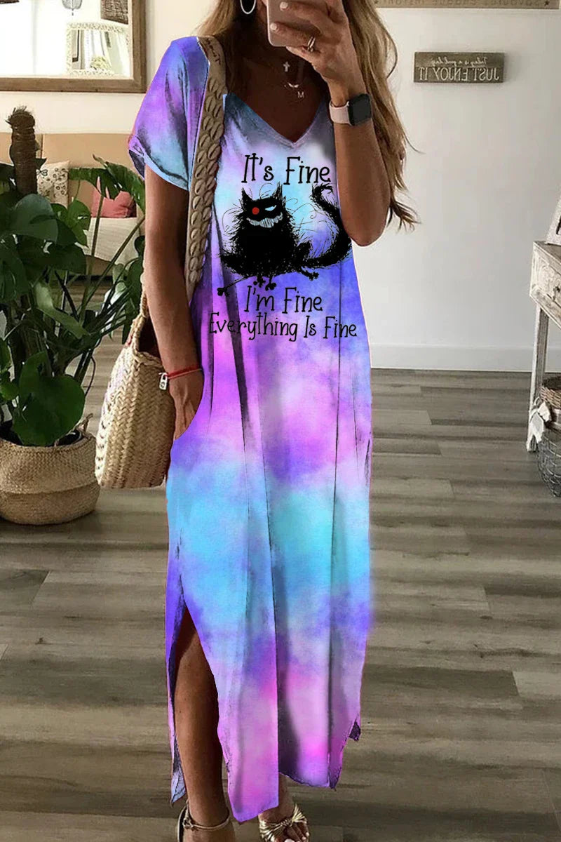 Cat Print Short Sleeve V Neck Swing Dress With Pockets