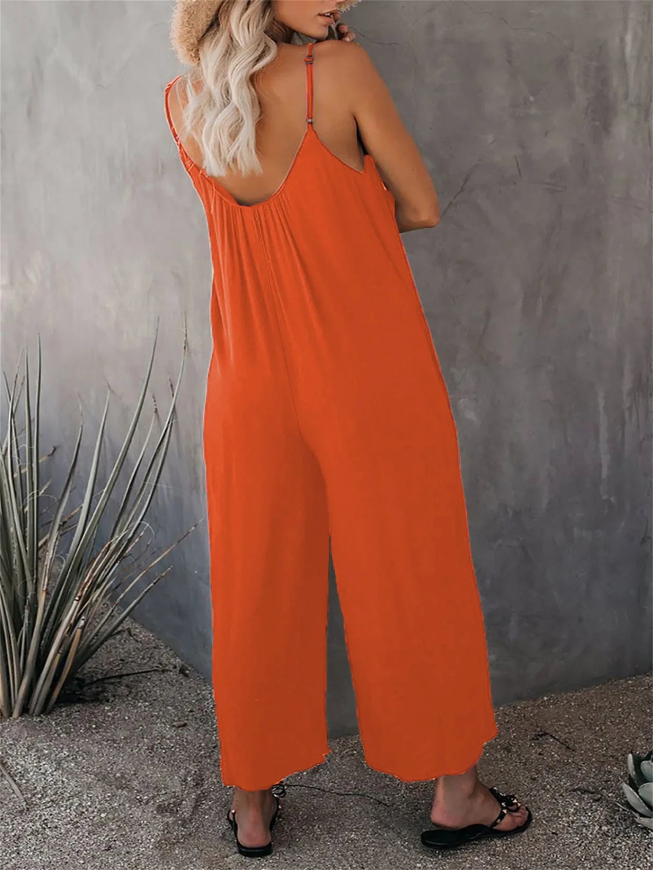 Women's Summer Strap Jumpsuit with Solid Color Design and Convenient Side Pockets Casual Lightweight Romper