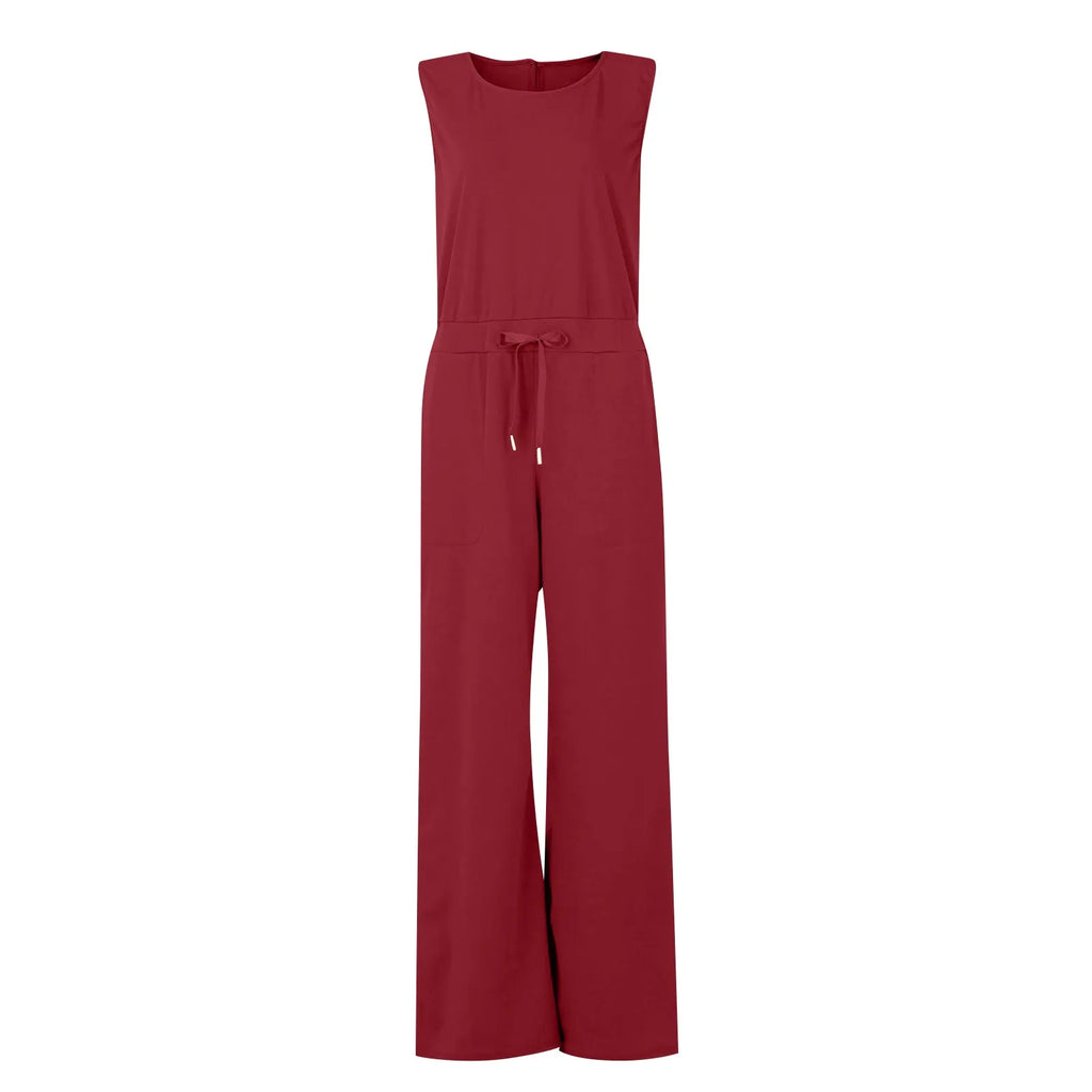 Women's Sleeveless Solid Color Casual Jumpsuit with Drawstring Waist Pockets Straight Leg Thin Commuting Outfit