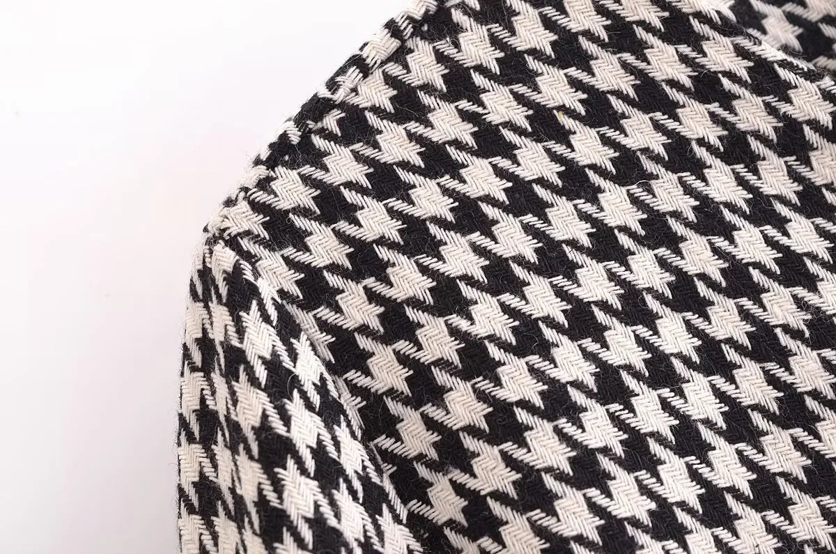 Spring Women's Houndstooth Long-Sleeve Round Neck Commuter Jacket with Casual Temperament Short Skirt Set