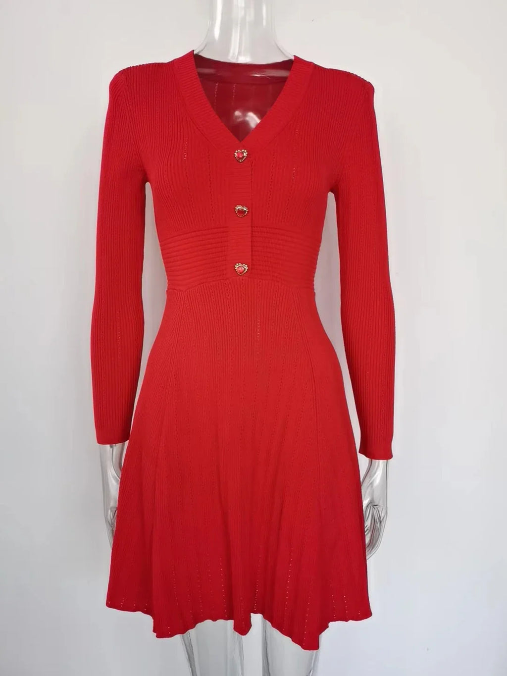 Knitted Long Sleeve V Neck Button Party Dress for Autumn