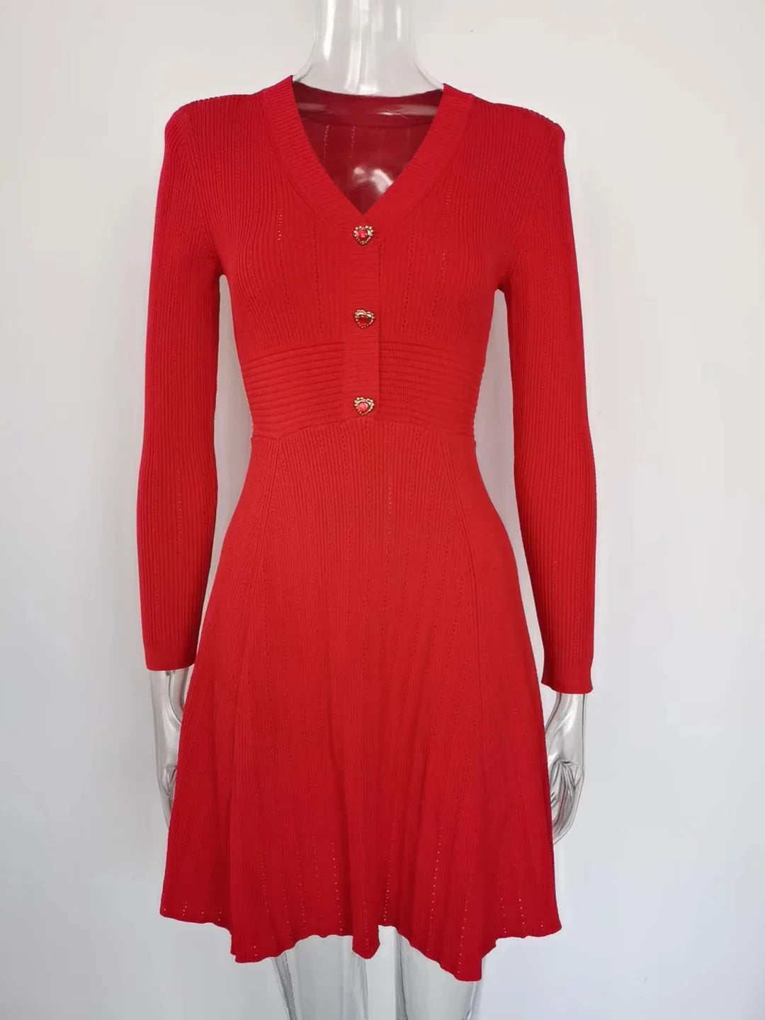 Knitted Long Sleeve V Neck Button Party Dress for Autumn