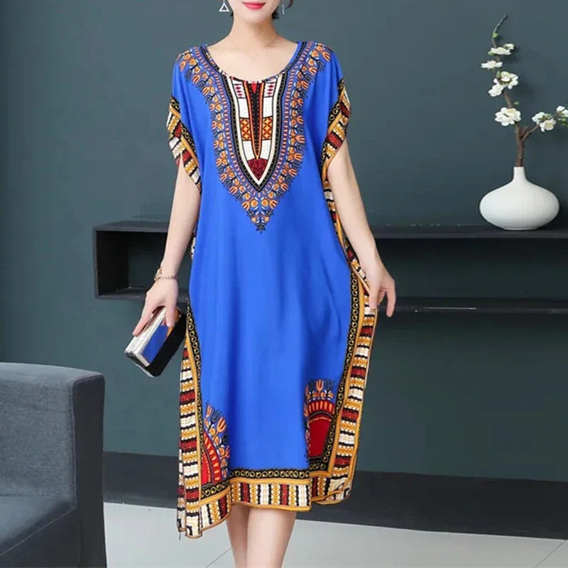 Retro Ethnic Print Batwing Sleeves Dress With High Slit