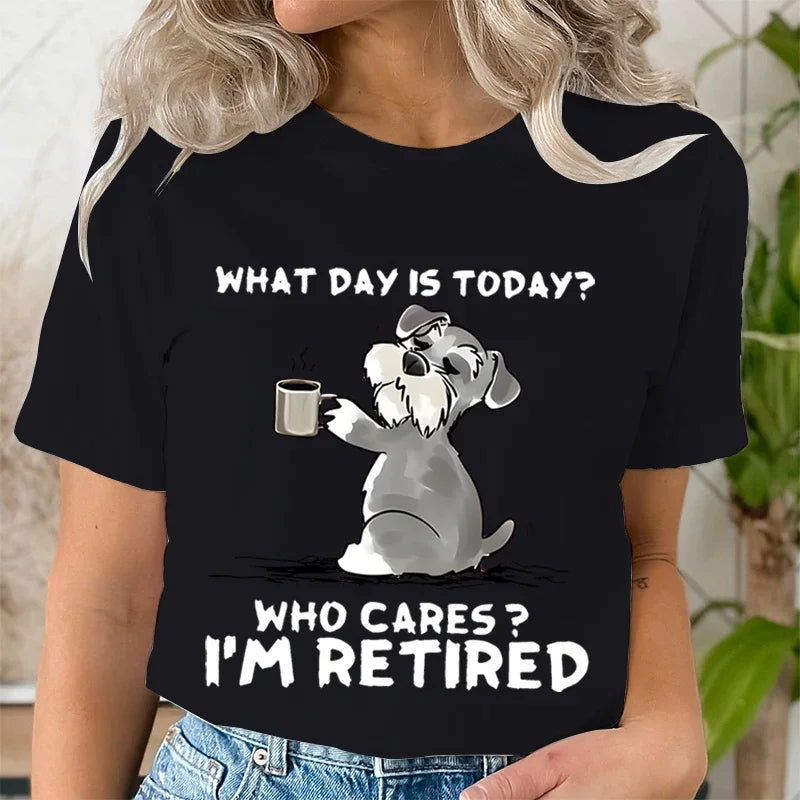 Funny Cat Schnauzer Retired T-Shirt for Women Comfortable Round Neck Graphic Tee