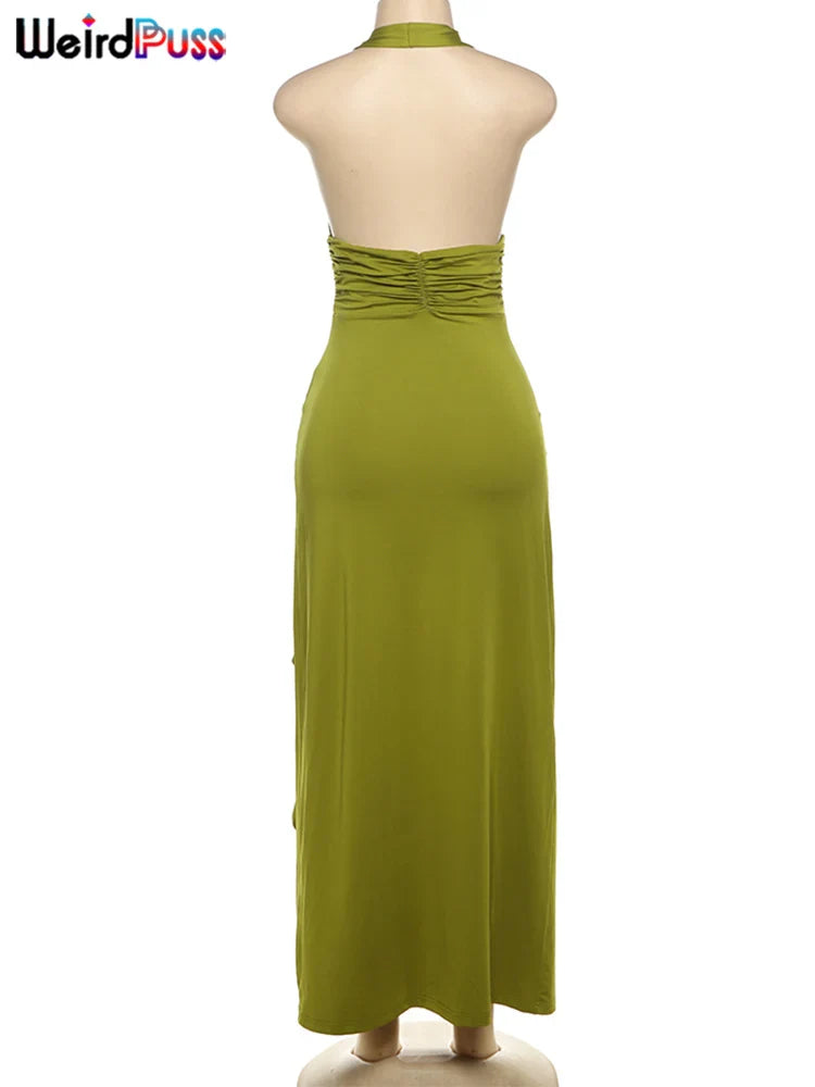 Backless Halter Maxi Bodycon Dress With Tassels And Ruched