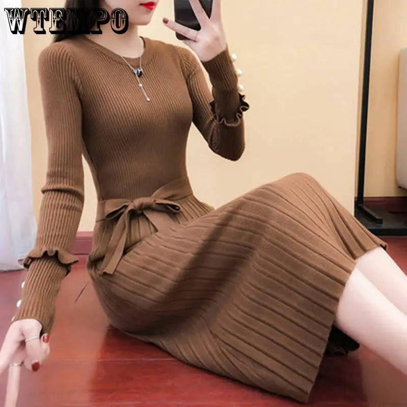 Korean Style Belted Knit Sweater Dress With Long Sleeve