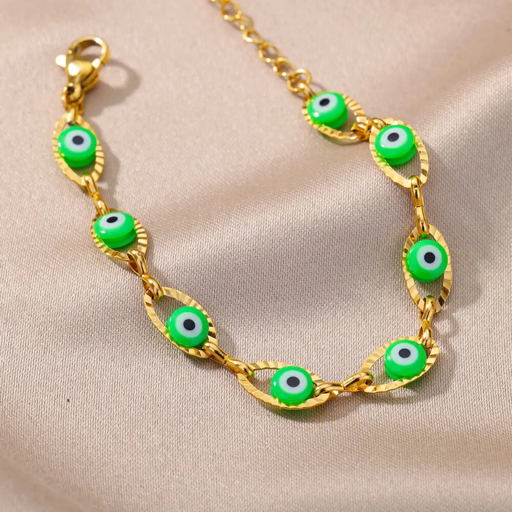 Gothic Rainbow Evil Eye Bracelet for Women Stainless Steel Gold Color Turkish Charm Chain Jewelry