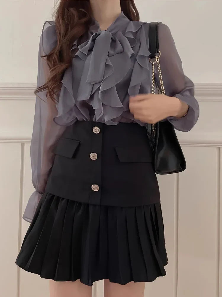 Chic Korean Style Chiffon Blouse for Women with Sweet Bow Tie Long Sleeve Office and Casual Tops Lightweight Summer Shirt