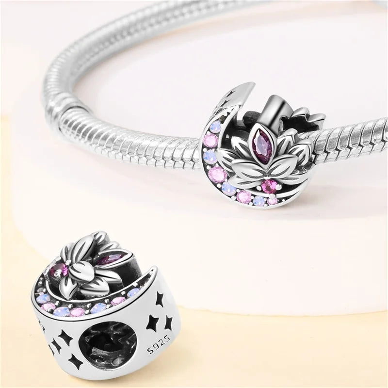 Silver Plated Lotus Guardian Angel Heart-Shaped Zircon Charms Beads for DIY Jewelry and 925 Bracelets