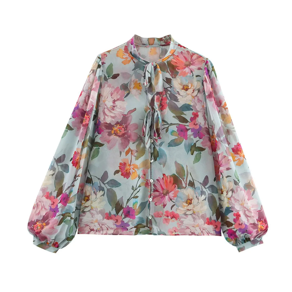 Women's Floral Print Chiffon Blouse with Bow Tie Detail Loose Fit Fashion Shirt
